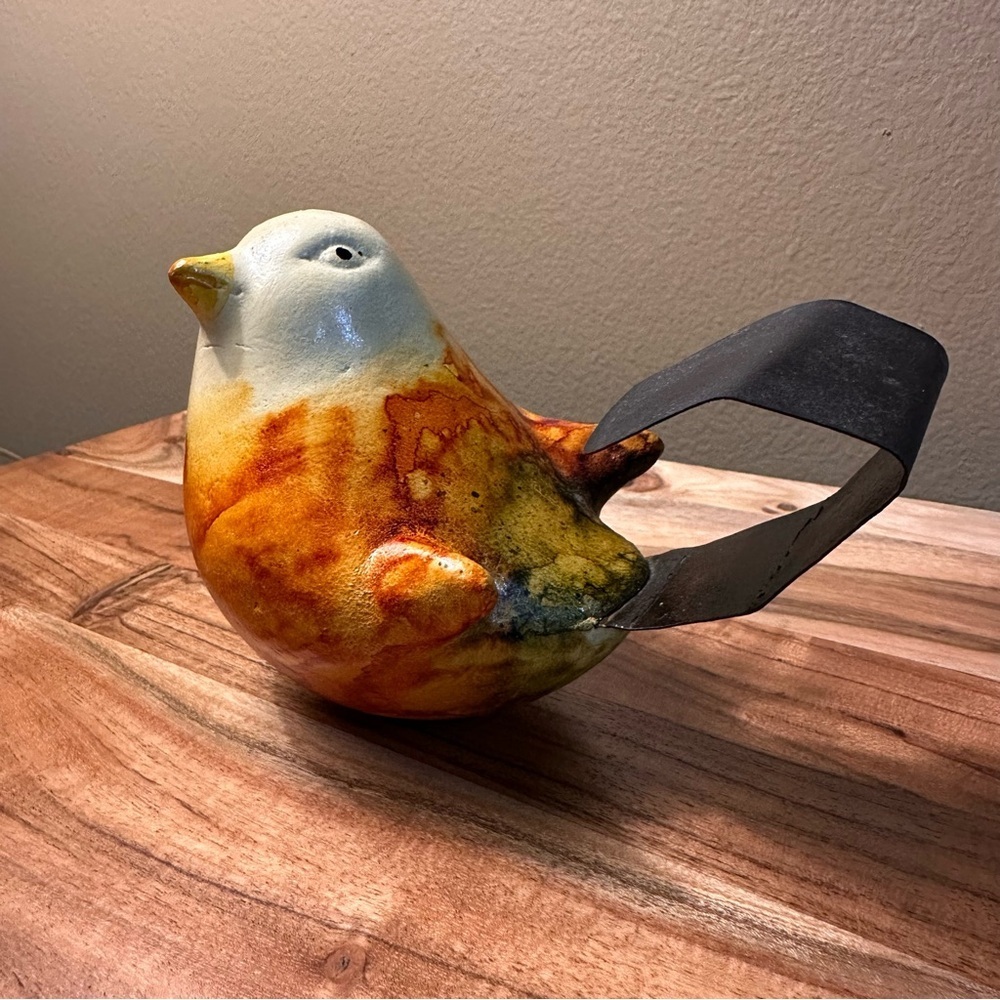 Folk Art Clay Art Pottery Bird Figure w/ Wrought Iron Tail Handcrafted Mexico